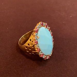 Gold ring with turquoise, topaz and rhodolite